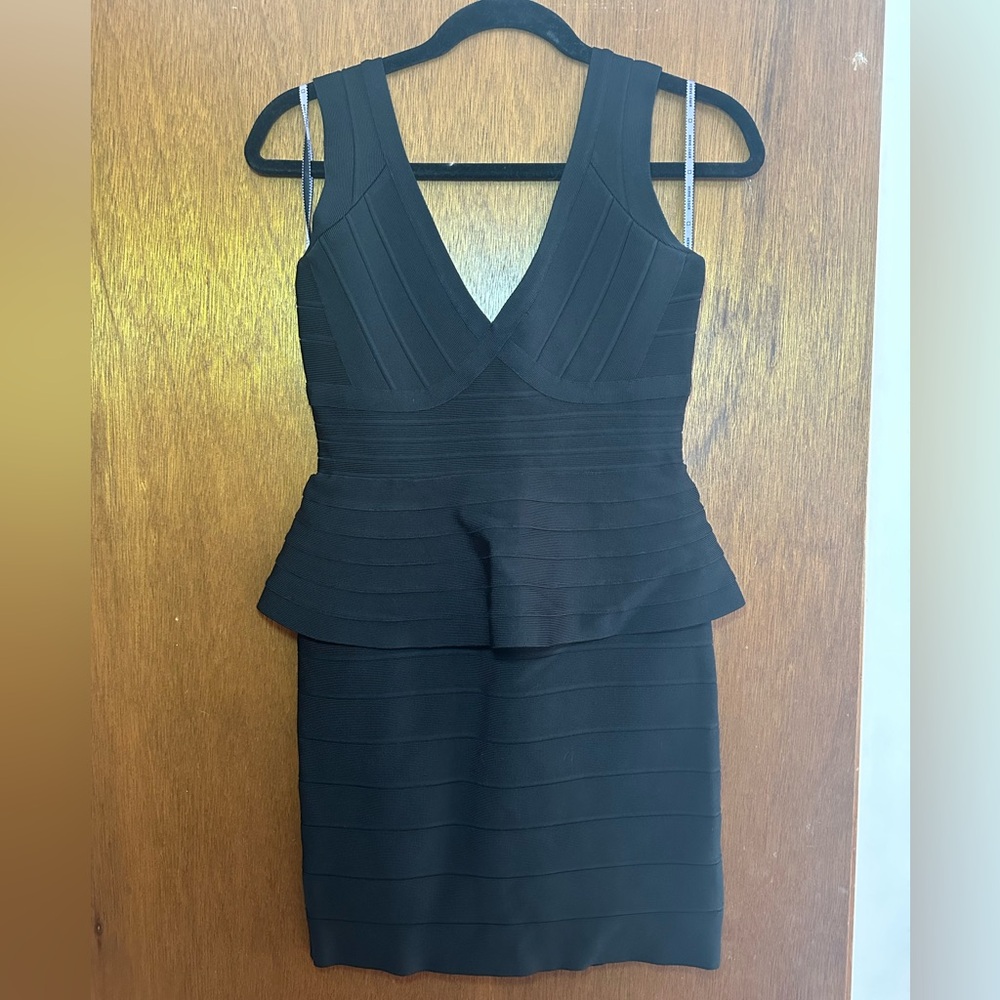 Herve Leger Black Bodycon Bandage Peplum Dress Size Medium